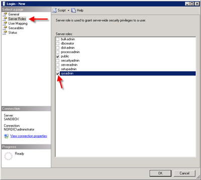 sys-admin role in SQL server management studio