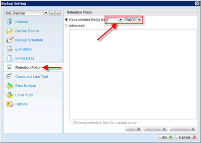 defining a retention policy for Microsoft SQL backup