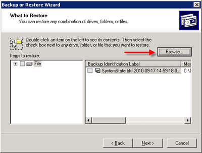 Click browse to select the file for restore