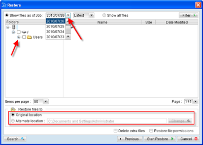 Select the files/folders to be restored
