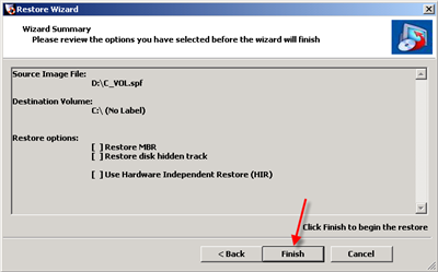 Click Finish to start the restore