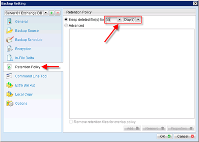 Adjust retention time of files backed up