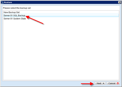 Select the backup set to restore