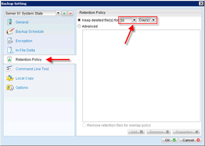 Adjust retention time of files backed up