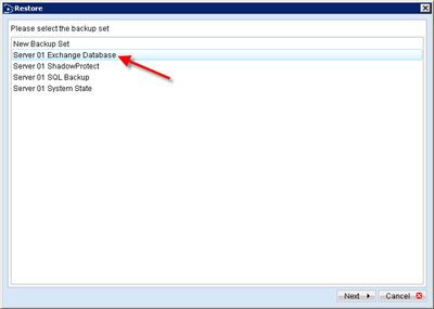 Select the backup set to restore