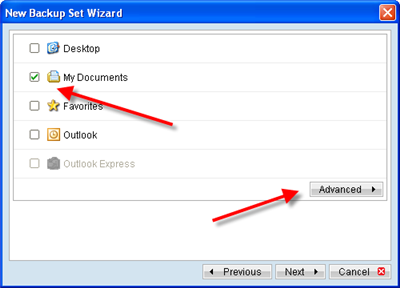 Choose the items to backup and click advanced for more selections