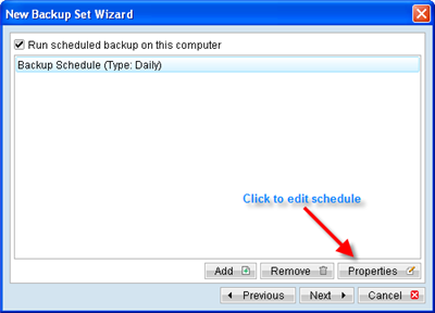 Click properties to adjust the backup schedule