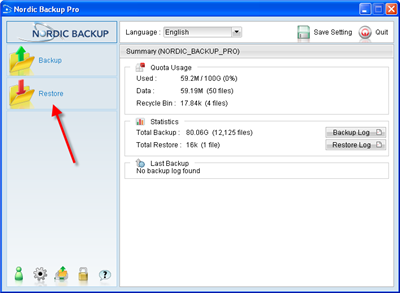 Open Nordic Backup Pro and click Restore