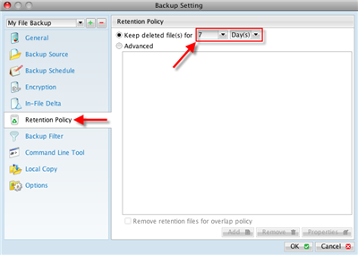 Adjust retention time of files backed up