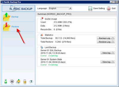 Click on Restore in Nordic Backup Pro