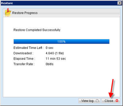 Click close to complete restore