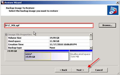 Verify the image file selected for restore